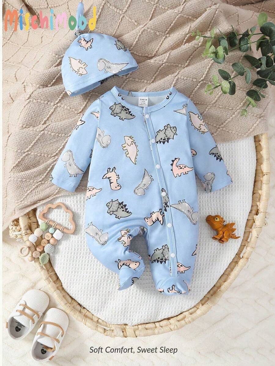 Newborn Beige Minimalist Allover Dinosaur Print Long Sleeve Footed Jumpsuit With Hat & Gloves, Outfit Set - Royal Blue - View 1
