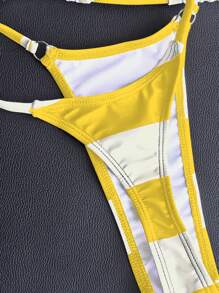 Swim Vcay Yellow & White Striped Micro Triangle Top & G-String Sexy Bikini Set For Summer Beach Vacation - Multicolor - View 4