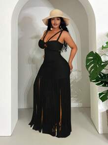 Slaydiva 大码女式镂空流苏下摆度假连衣裙 - 黑色 - 查看 3