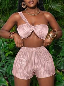 Slaydiva 全新两件套休闲度假褶皱面料细肩带背心和短裤 - 粉色 - 查看 4