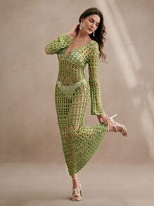 Anewsta 镂空性感长裙、手工编织沙滩比基尼罩衫、深V露背长款沙滩裙 - 綠色 - 查看 4