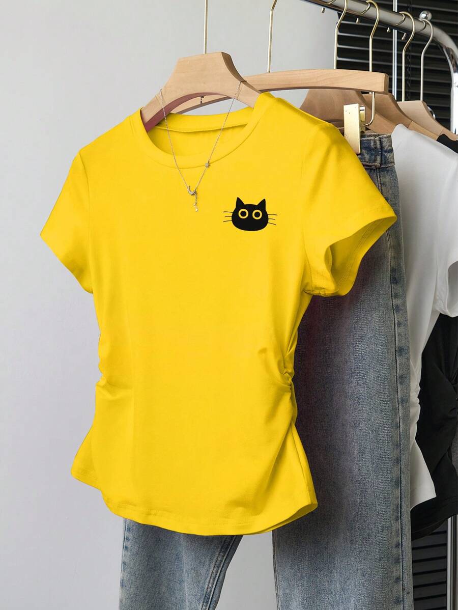 INAWLY Women's Cartoon Cat Print Round Neck Short Sleeve Ruffle T-Shirt - Yellow - View 1