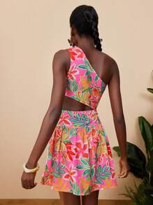 Travachic Summer Holiday Style Tropical Print Cutout Waist Sleeveless Dress, Vacation, Summer, Summer Outfits For Women, Beachwear, Beach Outfits For Woman, Vacation Outfits Women, Concert Outfit Women, BOHO, Tropical Vacation Woman Clothes, Summer Dresses For Women, Holiday Outfits Vacation Dress
