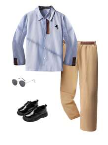 SHEIN 2pcs Boys Gentleman Outfit: Stripe Long Sleeve Printed Shirt + Trousers, Elegant Outfit For Valentine's Day, Birthday Party, Evening Event, Wedding, Christening, Anniversary
