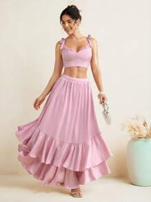 Mathilde Lhomme Pastel Pink Satin High-Waist Layered Ruffle Maxi Skirt Women Elegant Summer Skirt - Pink - View 6