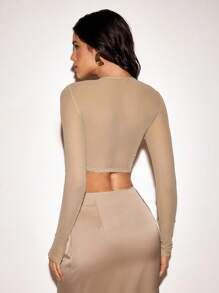 VIOLA AND VESPER Transparent Mesh Criss-Cross Front Long Sleeve Crop Top Women Summer Casual Outfits