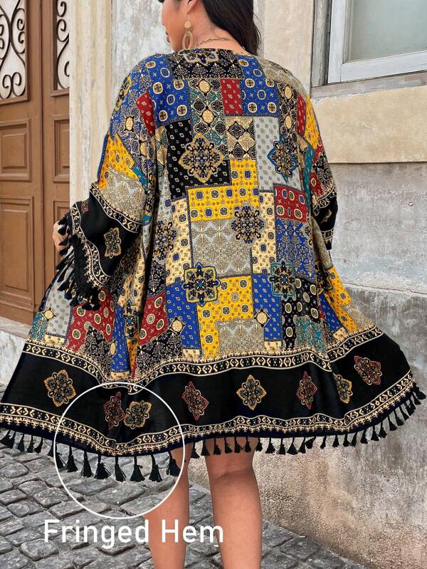 SHEIN LUNE Plus Size Vacation Beach Patchwork Print Tassels Hem Kimono For Summer