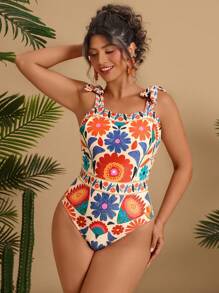 Travachic Plus Size Women Tropical Colorful Flower Print Backless Tie Shoulder Swimsuit, Sexy Beach Wear For Summer Floral One Piece Swimsuit Flower Swimsuit Multicolor One Piece Swimsuit One Piece Bathing Suit Tie Shoulder One Piece Swimsuit - Multicolor - View 4