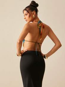 Hauture Top corto de verano con escote halter y espalda abierta en estampado tie-dye sexy - Multicolor - Ver 2