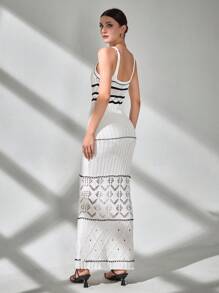 CLARA VERO 女士特别针织罩衫长款无袖连衣裙，撞色细节 - 白色 - 查看 2