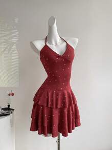 Sweetra Robe courte asymétrique pour femmes, bordeaux, printemps/été - Rouge foncé - Voir 3