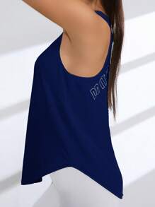 SHEIN Sports 字母印花圆领无袖运动背心，带开衩下摆，夏季 - 藏蓝色 - 查看 6