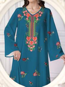 Al Najma 女士优雅位置印花阿拉伯风格长袖 V 领连衣裙，朴素的卡夫坦 - 彩色 - 查看 4