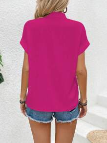 SHEIN LUNE Camisa de mujer casual de vacaciones de unicolor con cuello escotado - Rosa Fucsia - Ver 2