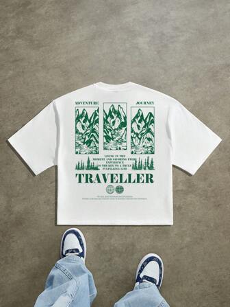 Manfinity Roghcode Camiseta holgada informal con gráfico de eslogan de montaña para hombres, adecuada para verano y como regalo de amigo