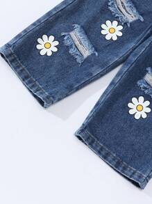 Baby Girl Casual Fashion Floral Print Distressed Comfortable Elastic Waist Jeans, 2025 Spring/Summer New Collection, Suitable For Daily Wear - Medium Wash - View 5