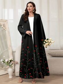 Al Najma 女士优雅花卉印花阿拉伯长袍，朴素 - 彩色 - 查看 6