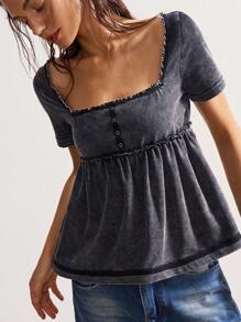 Bohemela Plus Size Women Casual Washed Square Neck Short Sleeve Top - Dark Grey - View 4