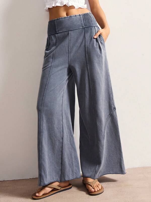 Bohemela Women's Casual Solid Color Knit Loose Wide Leg Washed Pants,Fall Women Clothes