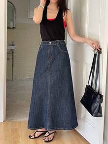 DAZY Chân váy chữ A bằng vải denim màu tối, kiểu dáng thường ngày dành cho nữ, chân váy jeans mùa xuân/hè. - Màu xanh hải quân - Xem 3