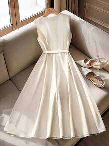 Calvaya Plus Size Women Solid Color V-Neck Double-Breasted Sleeveless Tie Waist High-Low Maxi Dress, Elegant And Romantic - Apricot - View 2