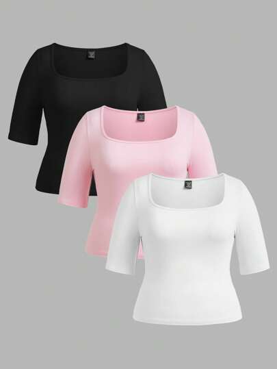 SHEIN BASICS 3pcs Plain Knit Scoop Neck Short Sleeve Slim Fit Plus Size T-Shirt, Casual,Business Casual Woman/Summer