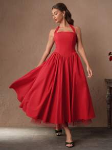 Savoree Women's Red Halter Neck Flared Mini Dress, Slim Fit European And American Style