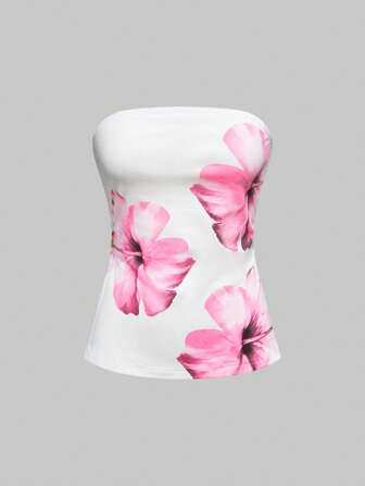 Top tubo corto con vita arricciata, stampa floreale e spacchi sul fondo, in stile Y2K, adatto per la spiaggia e le vacanze