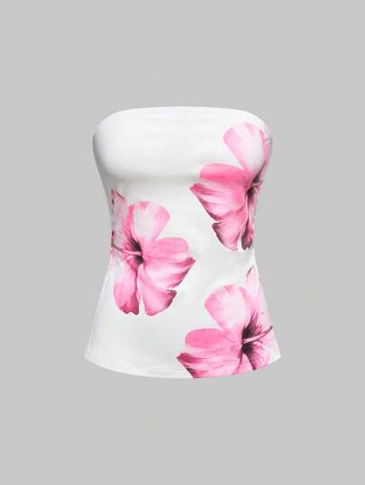 توب أنبوبي مقصر طبق على الخصر بفتحة جانبية مع طبعة نباتية بأسلوب Y2K مناسب للشاطئ والإجازة