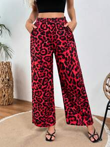 SHEIN ChicEase Women's Leopard Print Elastic Waist Pockets Casual Wide Leg Pants - Burgundy - View 1