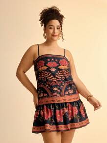 CAJUNI Vestido corto casual de playa negro con estampado floral tropical colorido y tirantes de espagueti para mujer de talla grande