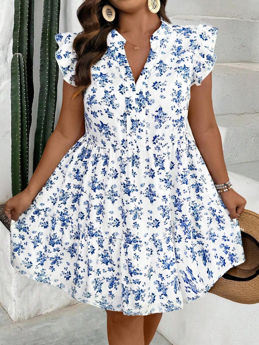 SHEIN LUNE CURVE 大码女式碎花盖袖休闲中长连衣裙 - 白色 - 查看 1