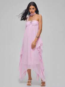Roylia Women's Summer Asymmetrical Hem Ruffle Trim Buttoned Bandeau Midi Dress - Pink - View 7