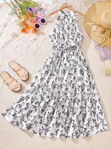 1件少女优雅休闲碎花无袖吊带连衣裙 - 彩色 - 查看 6