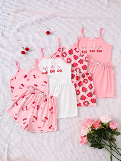 SHEIN 8pcs/Set Cute Cartoon Strawberry & Cherry Pattern Frill Strap Top Shorts Casual Pajamas Set For Young Girls, Summer