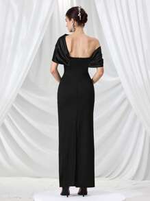 Coutiva 女士优雅不对称领口水晶装饰鸡尾酒会礼服女士礼服生日女士休闲礼服女士黑色礼服工作夏装女士短裙夏季，万圣节 - 黑色 - 查看 3