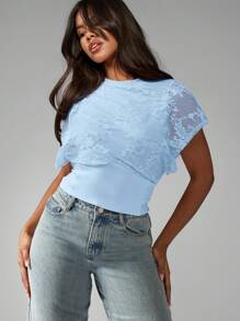 MISSGUIDED Floral Lace Cap Sleeve Form Fitting Summer Top Cinched Waist Blouse Special Occasion Party Cocktail Evening Wear Formal Office