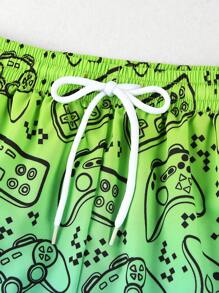 SHEIN 2 件套青少年男童电子游戏图案印花泳衣（含沙滩短裤）夏季沙滩装 - 彩色 - 查看 6