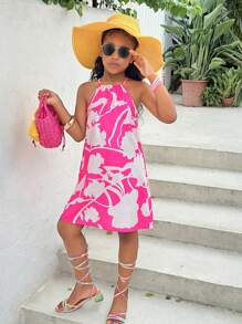 SHEIN Tween Girls' Casual Vacation Chiffon Floral Colorblock A-Line Halter Dress, Mommy And Me Matching Outfits (2 Pieces Sold Separately)