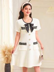 SHEIN 青少年女孩优雅串珠丝带蝴蝶结装饰修身A字短袖连衣裙