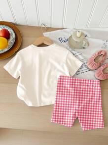 SHEIN Cute Cherry Pink Plaid Pattern, Baby Girl Casual Minimalist Round Neck Short Sleeve T-Shirt And Fitted Shorts Set, Suitable For Summer Holiday - Multicolor - View 2