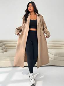 SHEIN EZwear 大码女式休闲长款风衣 - 卡其色 - 查看 1