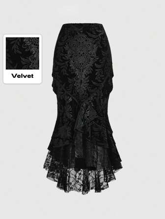 Goth Elegant And Luxurious Palace Style Lace Applique Decorated Skull Embossed Velvet Spliced Lace Hem Women's Mermaid Skirt
