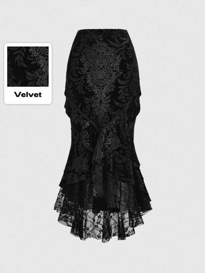 Goth Elegant And Luxurious Palace Style Lace Applique Decorated Skull Embossed Velvet Spliced Lace Hem Women's Mermaid Skirt