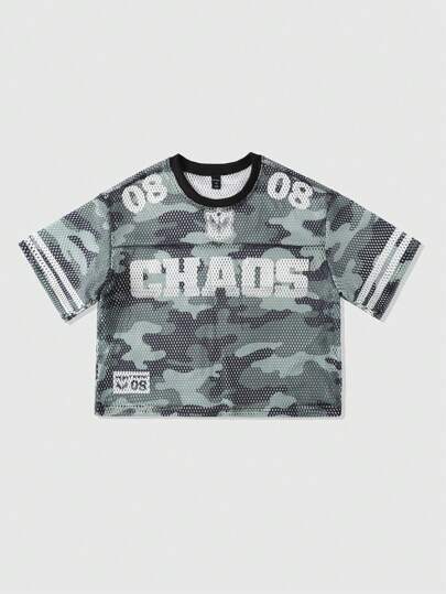 Prep Men's Streetwear Mesh Camouflage Letter Print Oversized Short Casual T-Shirt