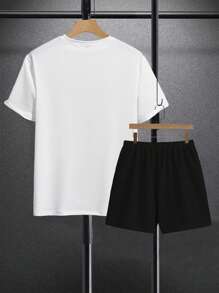 Manfinity Roghcode Men's Letter Print Round Neck Short Sleeve T-Shirt And Matching Shorts 2-Piece Set, Cozy Outfits