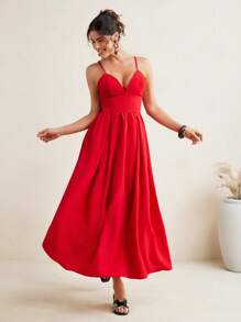 VIOLA AND VESPER Vintage Red Spaghetti Strap Corset Woven Poplin Voluminous Midi Dress Women Summer Dress