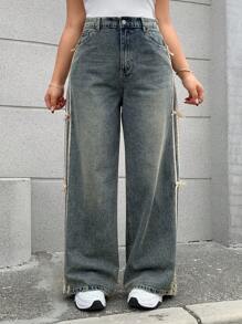 Dazy Plus Color Block Patchwork Ribbon Bow Decor Loose Wide Leg Jeans, Casual Women Denim Pants, All Season