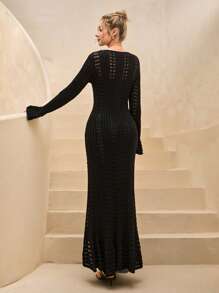 RueChic WOMEN CROCHET KNIT BUTTON-UP MAXI DRESS CREAM - Cream - View 3