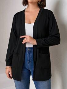 Chikora 加大码黑色针织口袋宽松开衫，带口袋，商务休闲女装 - 黑色 - 查看 5